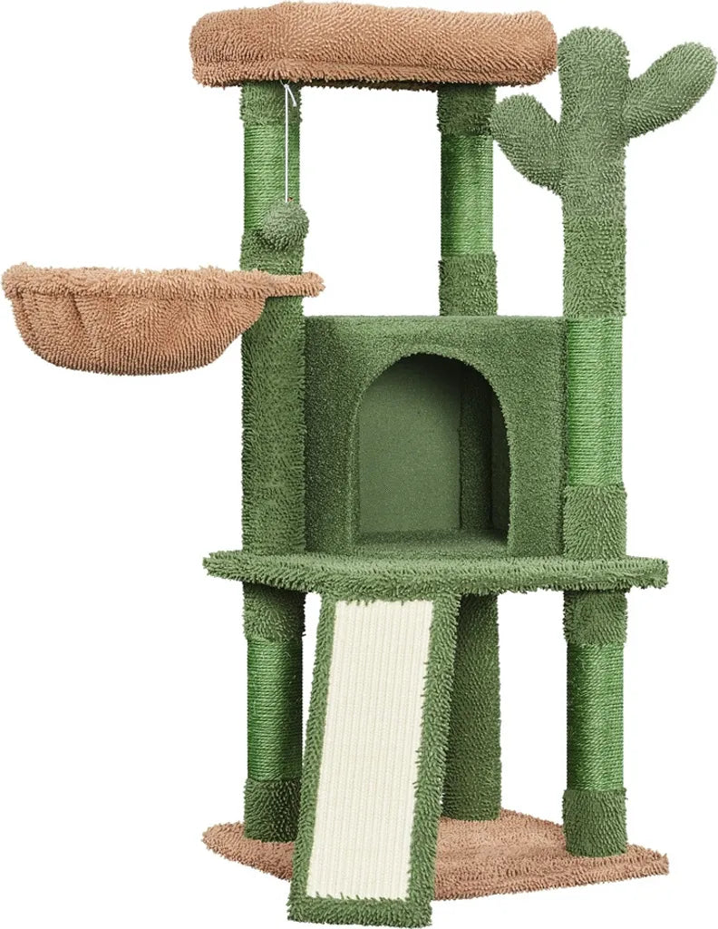 Yaheetech Kaktus Krabpaal XS 42,5 x 42,5 x 106,5 cm - Groen/Bruin - Kattenboom met Kattenhuis, Hangmand en Sisalpalen