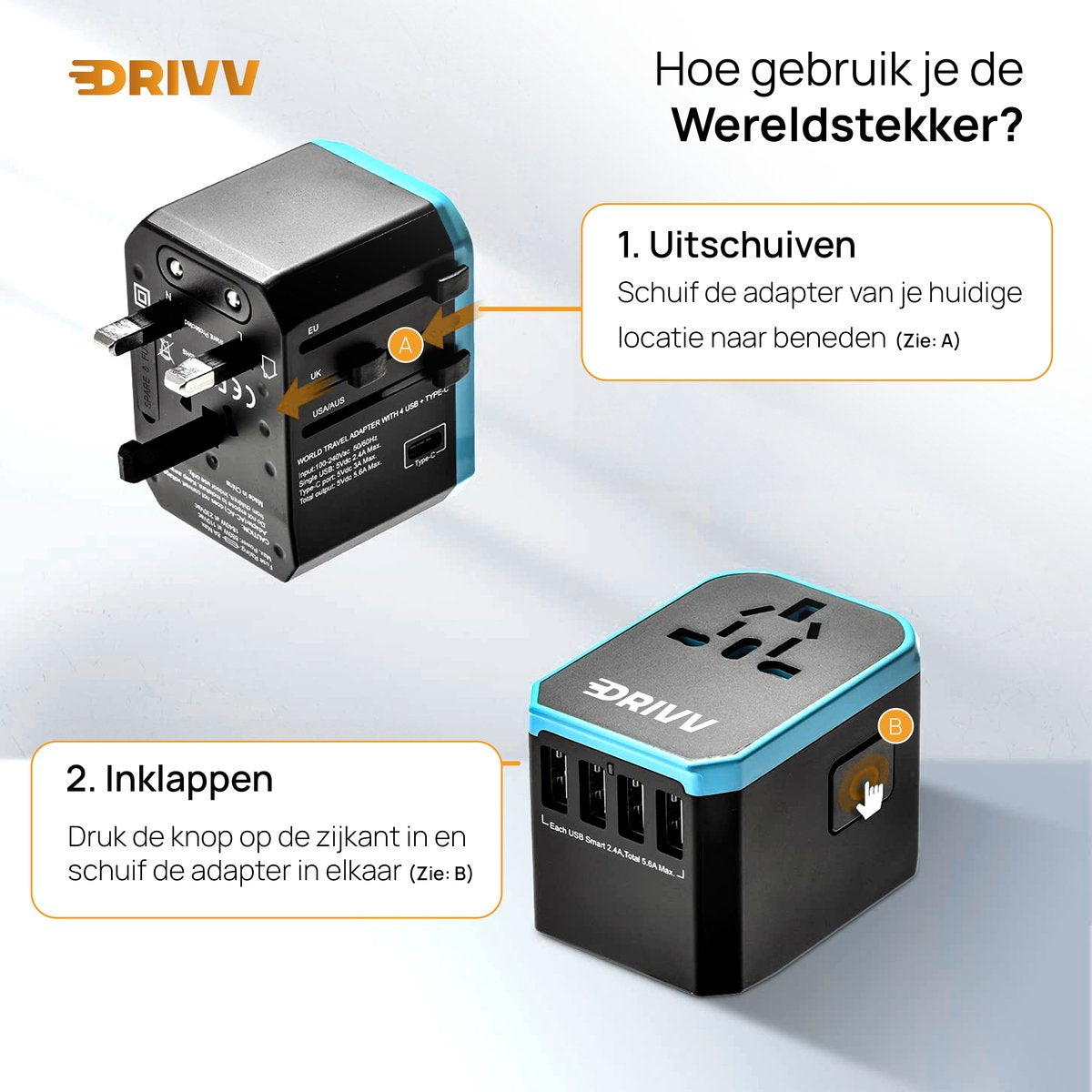 Drivv. Universele Wereldstekker - 4x USB & 1x USB C Fast Charge Travel Adapter - Reisstekker Amerika / Engeland / UK / Canada / Afrika/ Japan / Mexico / Thailand / Zuid Amerika - Type A, B, C, E, F, G, I, J, L, N - 150+ Landen - Reisadapter - Zwart