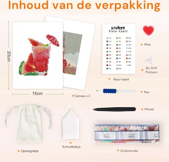 Rubye® Mini Diamond Paintings - 2 stuks - Set - Volwassenen - Diamond Painting Kinderen - Big Ben & Watermeloen Cocktail- 15x20cm