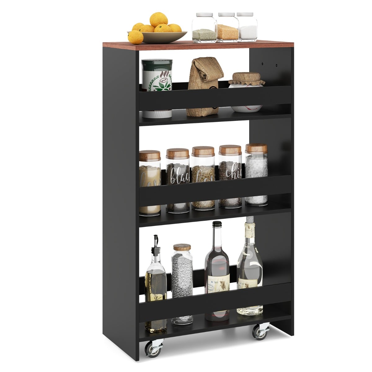 Coast smalle keukenwagen - 4-laags opbergwagen op wielen 47,5 x 25 x 80,5 cm - Zwart/Bruin