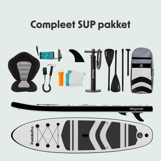 LifeGoods PaddlePro SUP Board - met Zitje - Opblaasbaar Paddle Board - Complete Set - Max. 150KG - 320x81cm - Wit/Zwart