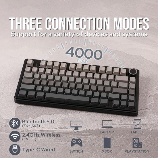 AULA F75 Pro - Draadloze Gaming Toetsenbord - Mechanisch - Zij Bedrukte toetsen - Gasket - Hot Swap - Tri mode - QWERTY Toetsenborden- 80 Keys - Zwart Grijs