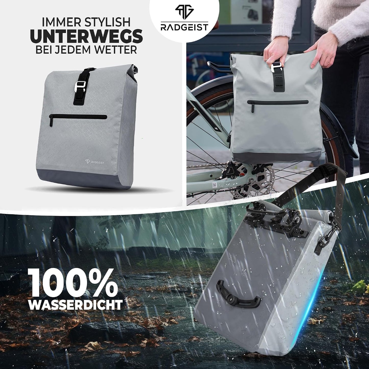 Radgeist Fietstas voor Bagagedrager 2-in-1 - Schoudertas - 100% Waterdicht - 20 Liter - Grijs
