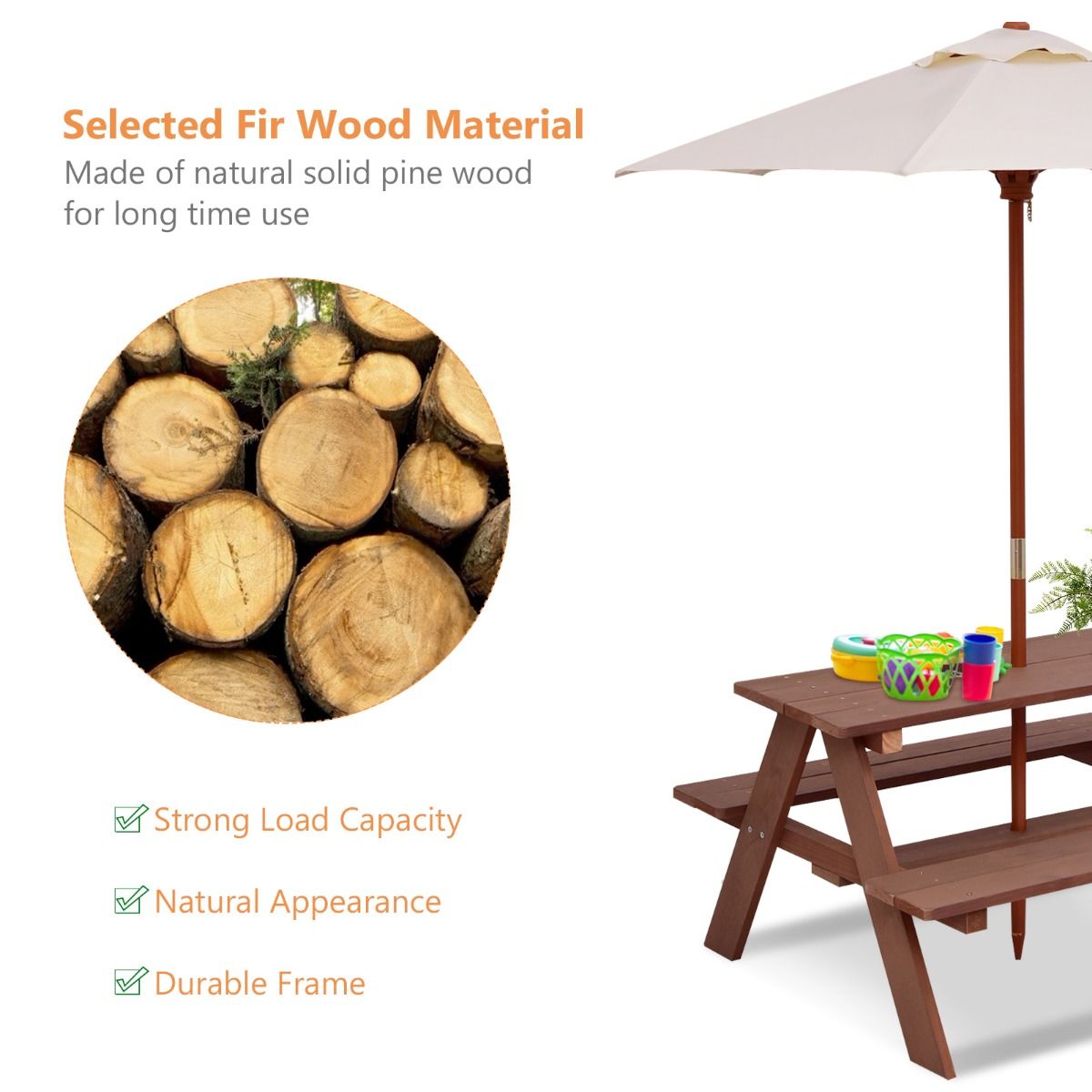 Coast Kinderpicknicktafel - 3-in-1 buitentafel met afneembare paraplu - houten banken - walnootkleur