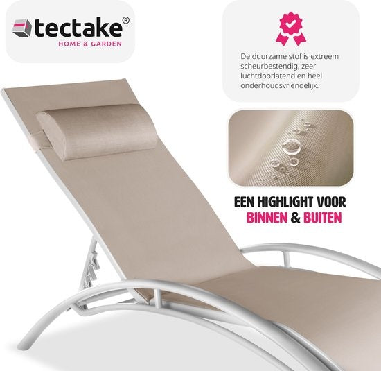 tectake® set van 2 tuinstoelen ligstoelen - aluminium ligbedden - weerbestendig - ideaal voor tuin - balkon - terras - inclusief hoofdkussen - 5-voudig verstelbare rugleuning - beige