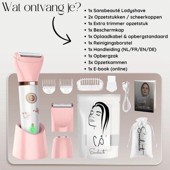 3-in-1 Ladyshave Gezicht - Oksels - Benen - Bikinilijn - Sansbeauté® - Scheerapparaat Vrouw - Ontharingsapparaat Electrisch Ontharen - Gezichtsontharing Dames - Trimmer Vrouw - Ladyshaves Bikini - USB Oplaadbaar