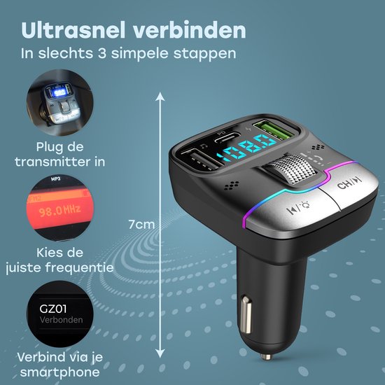Audyn Bluetooth FM Transmitter - USB-A & USB-C - Bluetooth-ontvanger - Snellader - Autolader - Carkit - Auto Accessoires - RGB