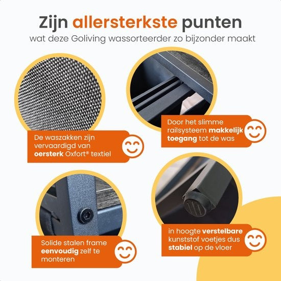 Goliving Wassorteerder – Wasmand met 3 vakken – Wasbox – Oxfort textiel/Metaal/Hout – 3 x 38 Liter – 25 x 92.5 x 71 cm – Zwart