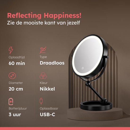 Fraay® Make Up Spiegel met LED Verlichting - 10x Vergroting - Vergrootspiegel met Licht - Oplaadbaar - Scheerspiegel - Badkamerspiegel - Zwart