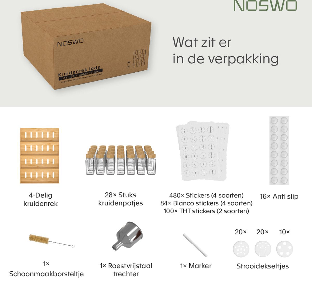 Noswo Kruidenrek Lade - Met 28 Potjes - Complete Set - Vierkant - Strooideksel en Labels - Kruiden Organizer - Keukenlade Organiser - Bamboe