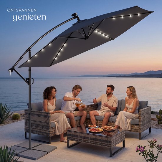 tectake® Zweefparasol met Voet - 3 x 3 m - Tuinparasol met LED-Verlichting op Zonne-Energie - Draaibaar - Waterafstotend Polyester met UV-Bescherming - Inclusief Hoes - Grijs