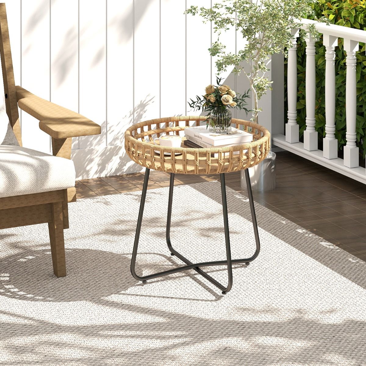 Coast Set van 2 Ronde Salontafels - Handgeweven rotan - Metalen onderstel - Bruin en zwart