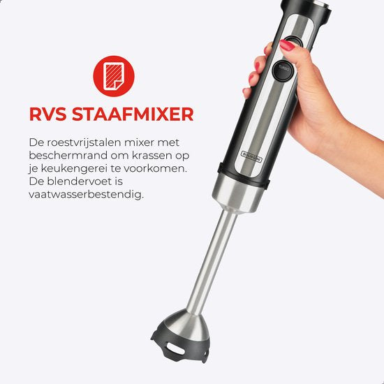 Bourgini Staafmixer - 4-delige Krachtige RVS Staafmixer set -20 snelheden - Garde - Hakmolen 600ml - Maatbeker 800ml - 1500W