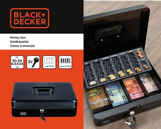 BLACK+DECKER Geldkistje - Geldkist incl. 2 Sleutels - 30,5 x 8,5 x 24 CM - Metaal - Zwart