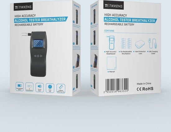 TIKKENS® Digitale Alcoholtester - Geschikt voor Frankrijk, Nederland, België, ... - Alcoholtest - USB Oplaadbaar - Blaastest Alcohol - 10 Extra Mondstukjes - Zwart