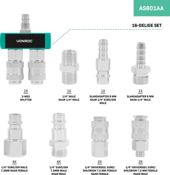 VONROC Luchtkoppelingen set – 16-delig – Accessoireset voor persluchtsystemen – 1/4" – EU-RO/DIN 7.2 mm - ORION