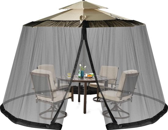 Verstelbaar muggennet voor parasols van 250-300 cm, insectenbescherming met 2 deuren, vulbare basis, vliegengaas, muggennet