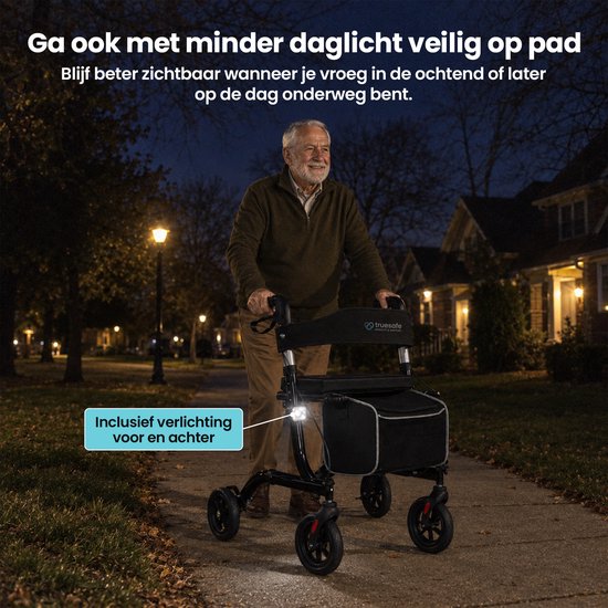 TrueSafe Rollator lichtgewicht en opvouwbaar (6,9 kg) - Voor binnen en buiten - Incl. ergonomisch zitkussen, verlichting, rugleuning, wandelstokhouder en meer - Zwart