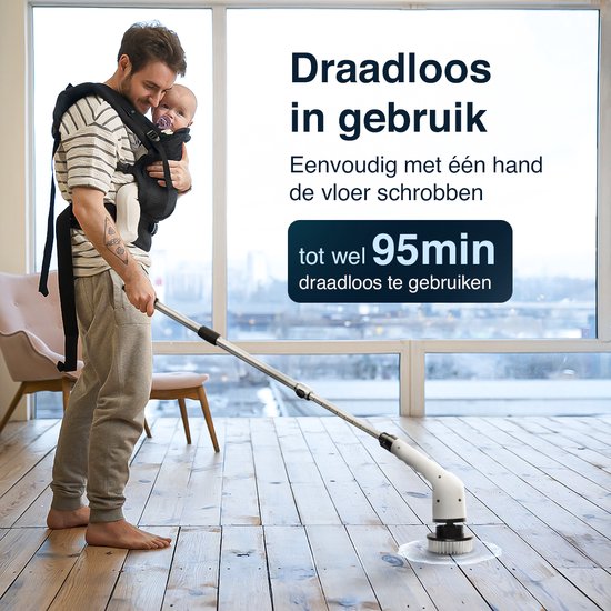 Samako Elektrische Schoonmaakborstel - Elektrische Schrobber - IPX6 waterdichte Schrobborstel met steel - 9 opzetstukken - Poetsmachine - Schrobmachine