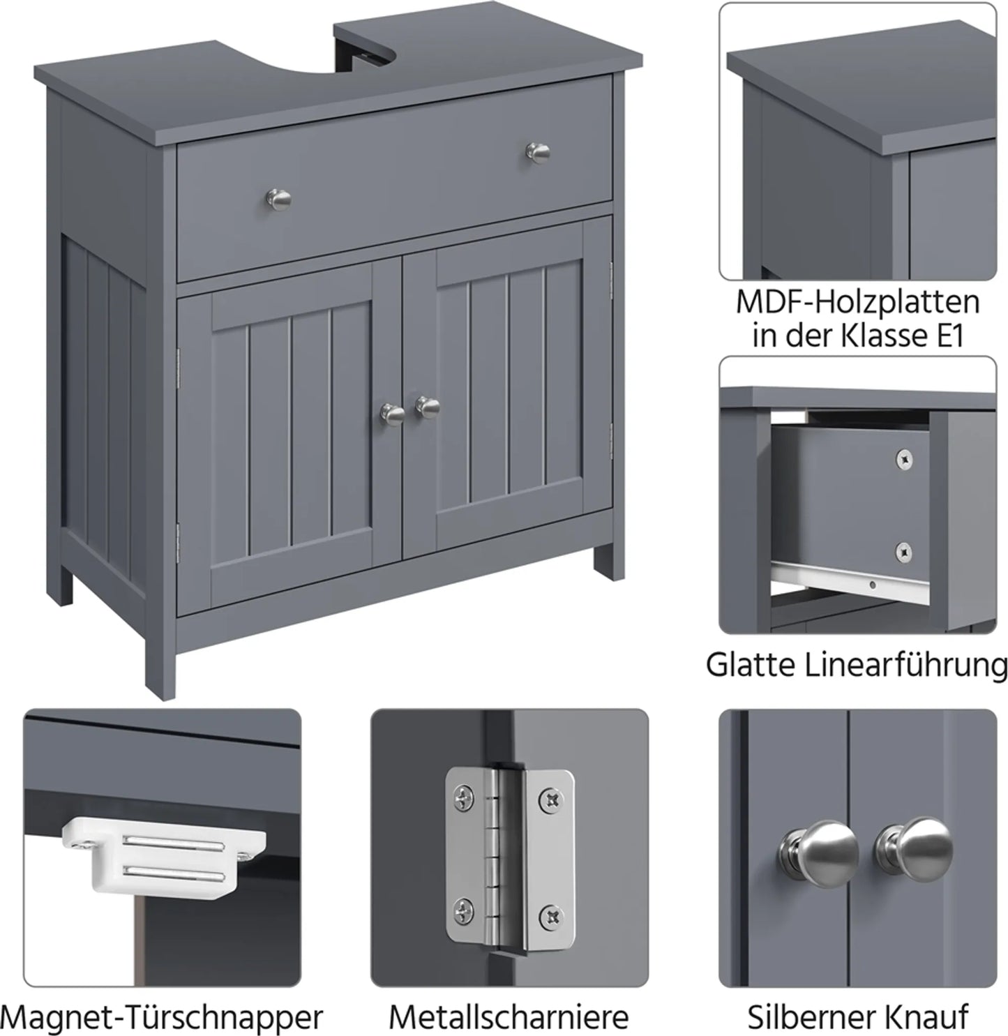 Yaheetech Wastafelonderkast Met Lade En Twee Vakken – Voorzien Van Sifonuitsparing En Waterafstotende Coating En Metalen Beslag – Voor Badkamer In Landelijke Stijl – Donkergrijs Mdf En Metaal – 60 x 30 x 60 cm