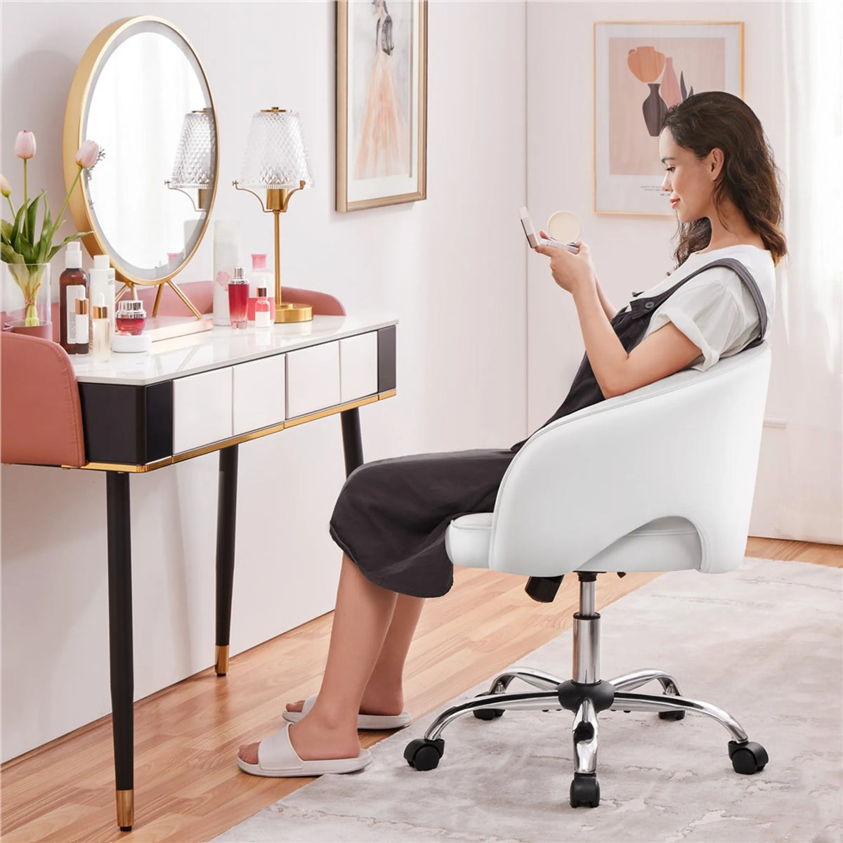 Yaheetech Stijlvolle Bureaustoel met Verticaal Patroon 73-83 cm – Wit – Polyester en Metaal