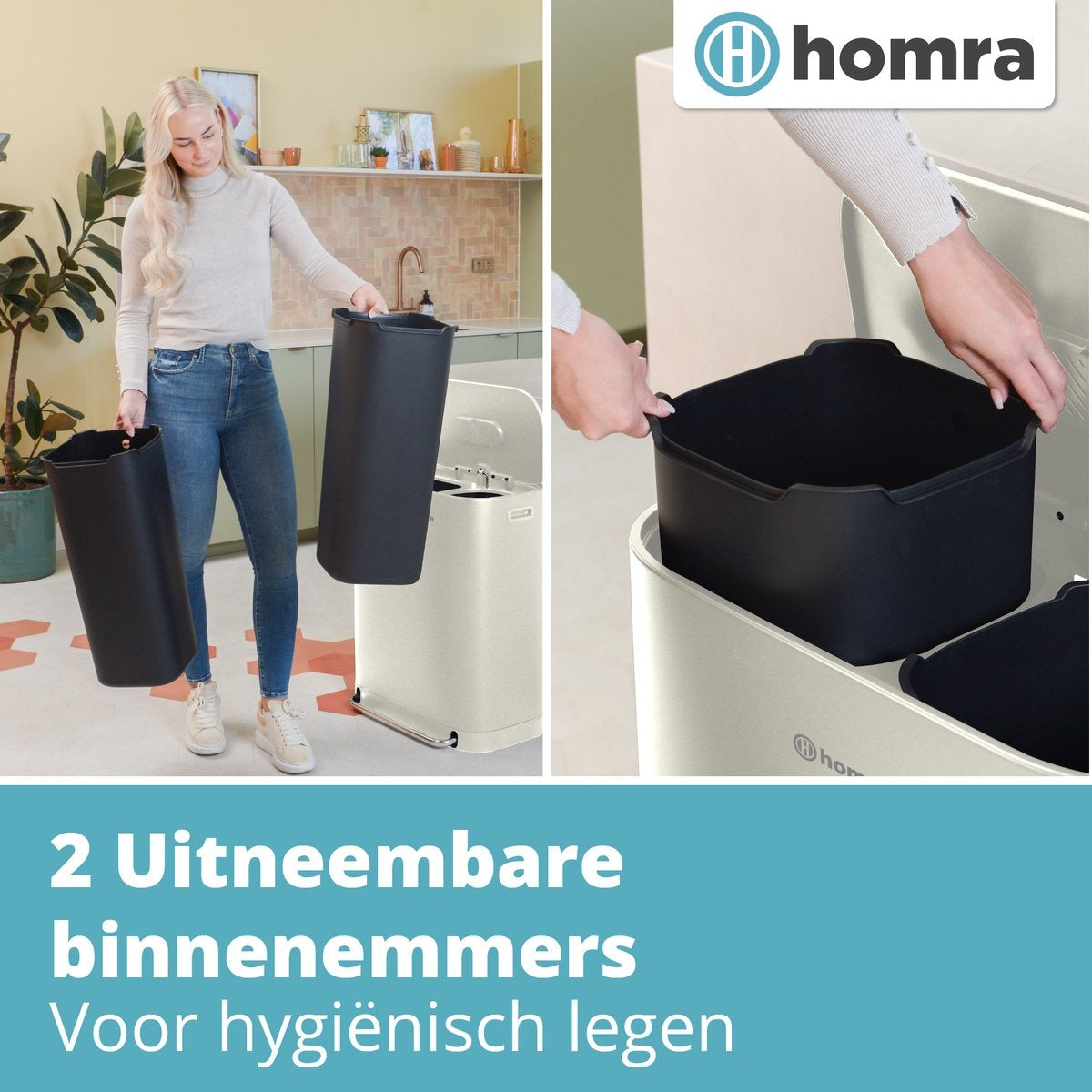 Homra Rockx Prullenbak 60 Liter - Duo Pedaalemmer 2X30L met Geurfilter - RVS - Wit Creme - 33X58X69CM