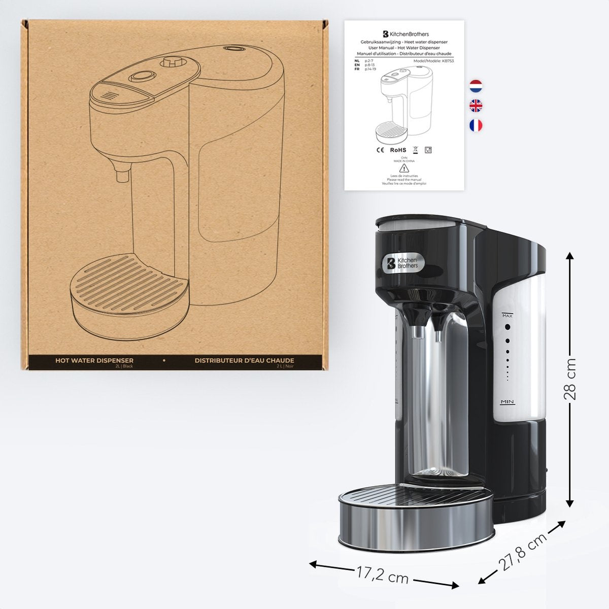 KitchenBrothers Heetwaterdispenser - 2L - 3000W - RVS /Zwart