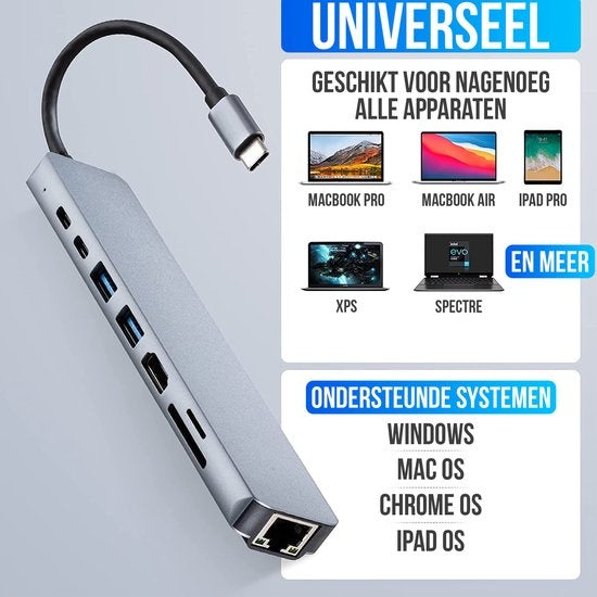 Strex 8 in 1 USB C Hub - Docking Station - USB Splitter - 4K HDMI - USB A - USB C - Ethernet - Micro SD - Geschikt voor Laptop, Macbook, Windows