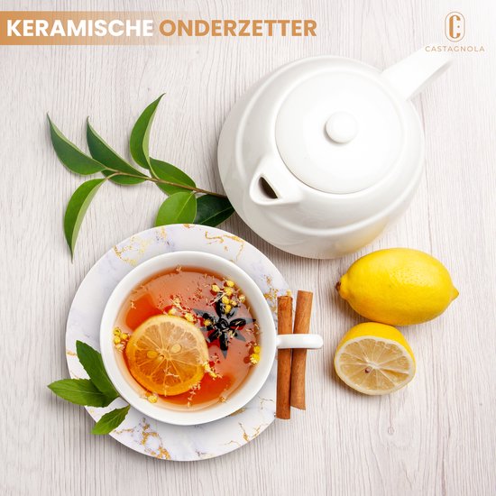 Castagnola Keramische Onderzetters met Houder – Onderzetters voor Glazen – Onderzetters Design – Onderzettersset – Drink Onderzetters – Keramisch – Kurk – Set van 6 – Wit/Goud