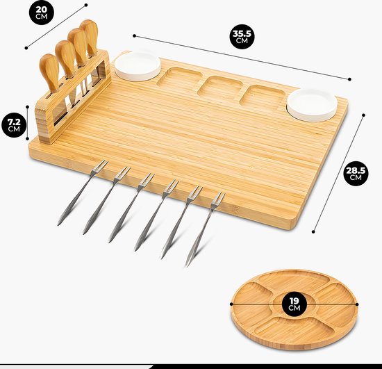 Kicinn Borrelplank - Tapasplank - Kaasplank - Serveerplank - Borrelplank Hout - Incl. Kaasmesjes, Vorkjes, schaaltjes en extra Serveerplank – Bamboe
