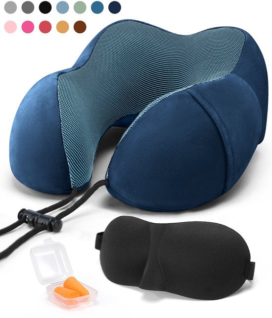 SC Travel Essentials - Nekkussen Set 3-delig - Ergonomisch Memory Foam Reiskussen met Oogmasker en Oordoppen - Ideaal voor Vliegtuig, Auto en Trein - Compact en Luxe - Navy