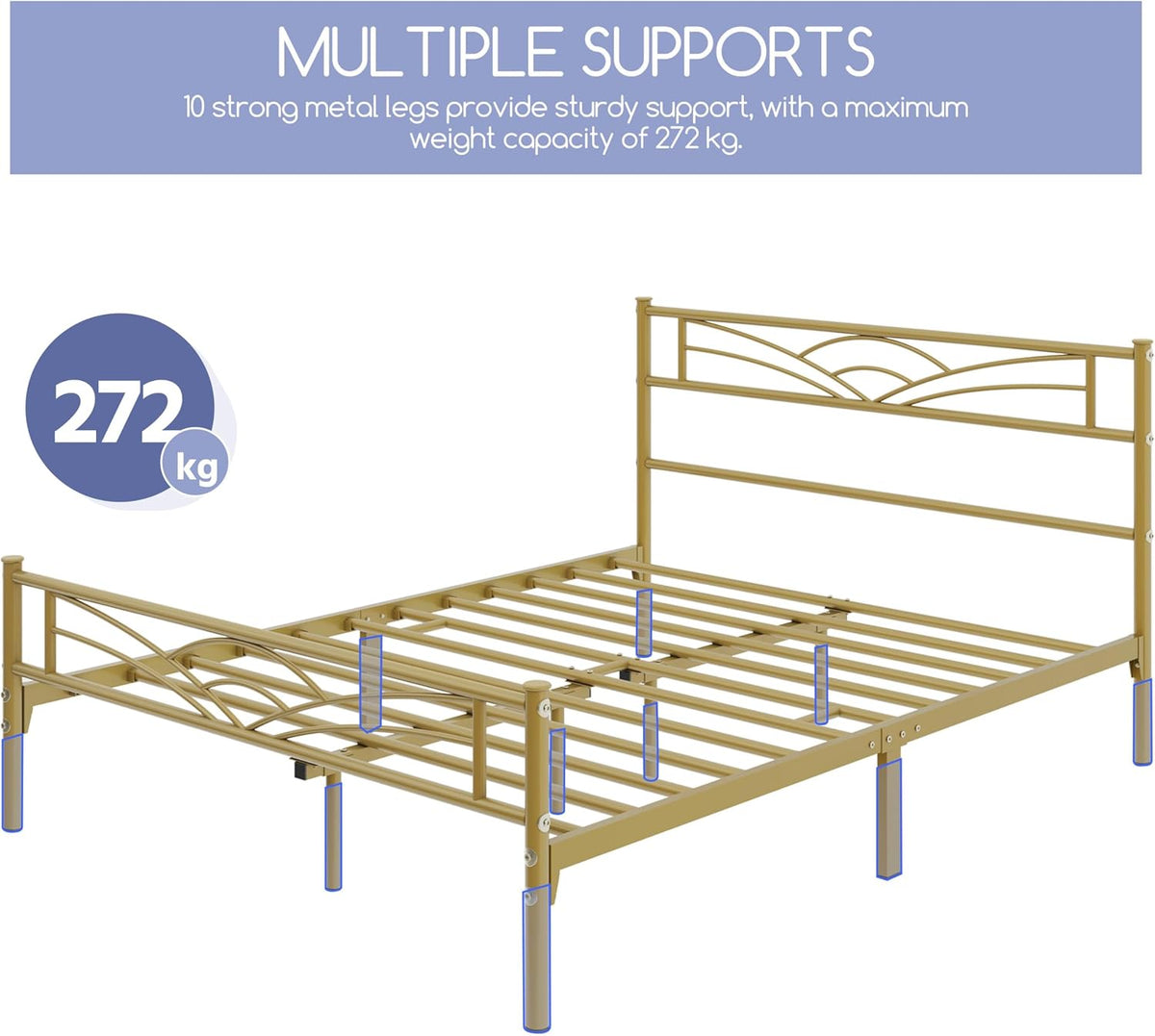 Yaheetech Metalen Bedframe 140 x 200 cm – Antiek Goud – Modern Jeugdbed met Lattenbodem en Ruime Opbergruimte