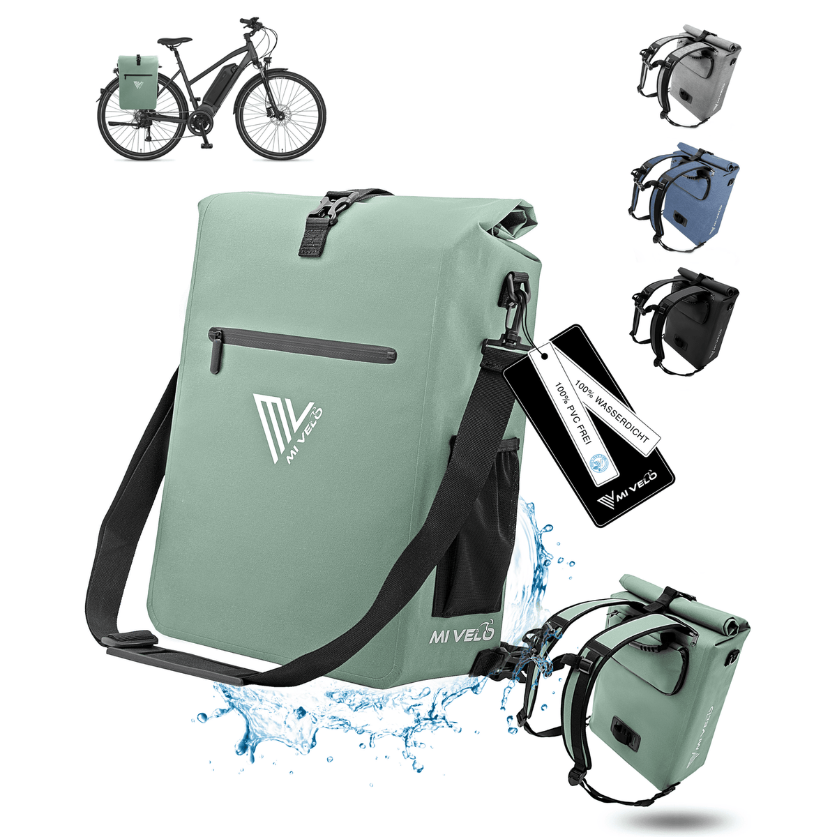 MIVELO 3-in-1 Fietstas – Waterdicht – Met Schouderriem en Rugzakfunctie – 25L – Mint