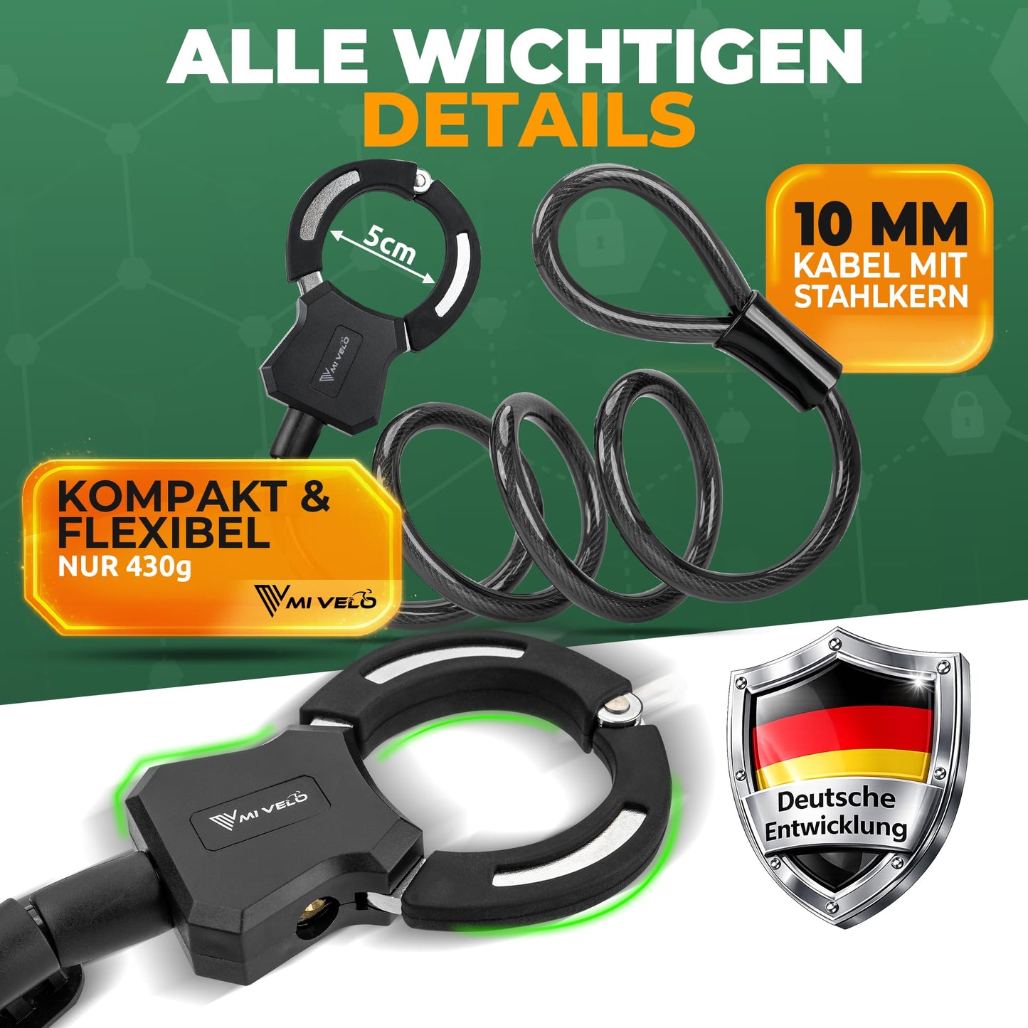 MIVELO e scooter slot - handboei kabelslot 120 cm - met sleutel en houder - stalen kern voor scooter en fiets