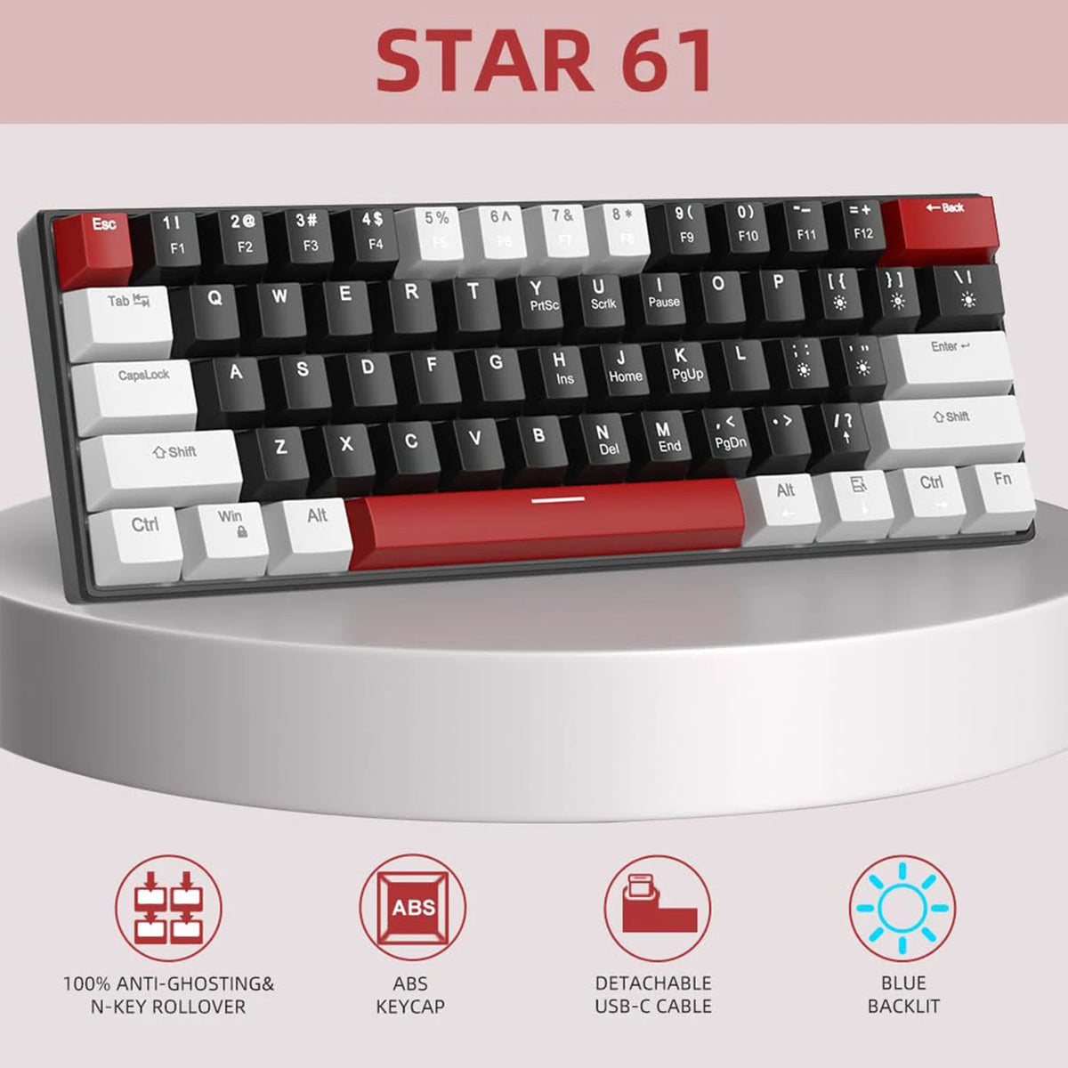 MageGee STAR 61 Mechanisch Gamingtoetsenbord - 60% - 61 Toetsen - Blauwe LED-verlichting - Rode Switches - USB-C - Grijs/Zwart/Rood