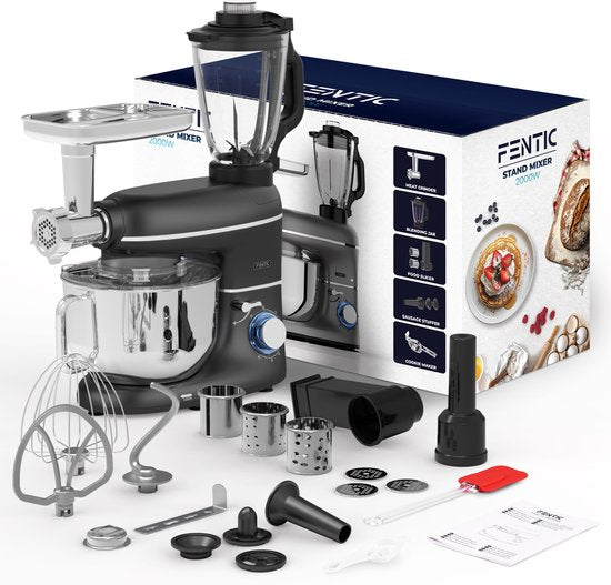 Fentic Keukenmachine – 2000W – Keukenrobot – Foodprocessor - 6,2L Mengkom – Incl. Vleesmolen, Blender en extra Accessoires – Zwart