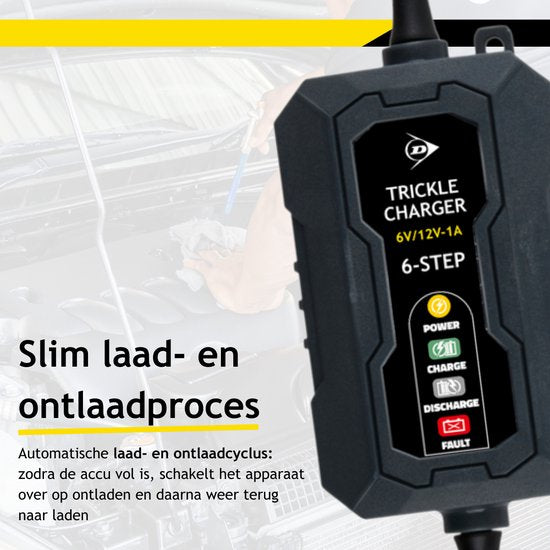 Dunlop Druppellader 6/12V 1A – Auto Oplader met 6-Staps Laadcyclus – voor Scooter en Motor – Beveiligd tegen Kortsluiting – Onderhoudslader voor Lood en Gel – Zwart
