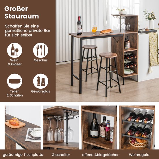 Coast Bartafel met barkruk, set voor 2 personen, met houders voor wijnglazen en flessen, toog voor woonkamer, eetkamer en keuken (koffiekleurig)