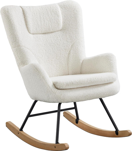 Yaheetech Schommelstoel Boucle Wit met Opklapbare Rugleuning - 82,5 x 70 x 95,5 cm