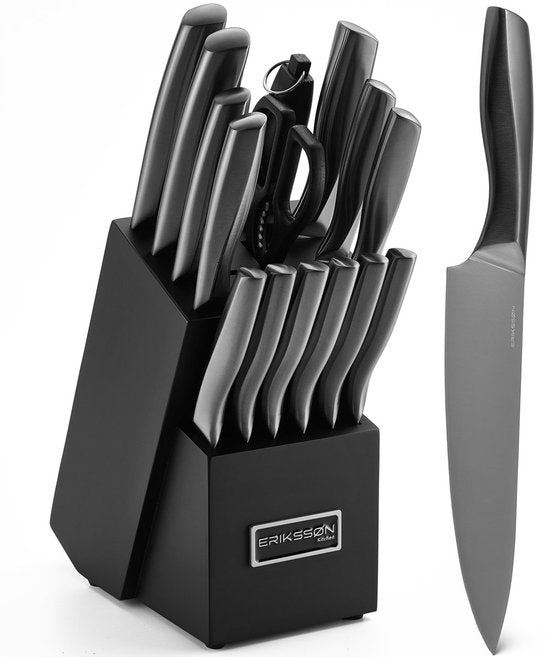 Erikssøn Kitchen 16 Delige Messenset Met Messenblok - BPA & PFAS Vrij - Met Blok, Messenslijper En Schaar - Keukenmessen - Koksmes - Vleesmes - Krasbestendig - 3Cr13 RVS - Zwart