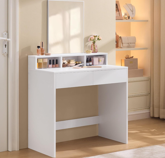 VASAGLE Kaptafel met Spiegel – 2 Lades & 3 Vakken – Wit – 40 x 80 x 140 cm