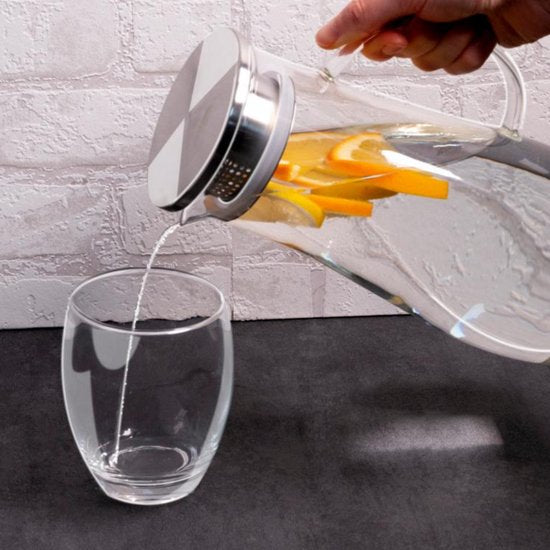 alpina Glazen Waterkan 1.4L - Schenkkan met RVS Deksel en Filter - Karaf van Borosilicaatglas - Transparante Kan voor Koude en Warme Dranken