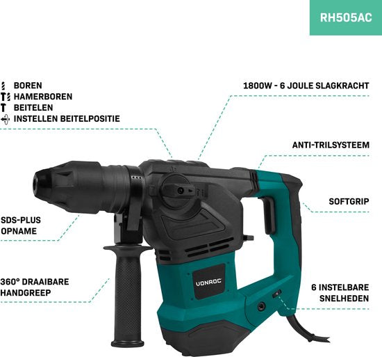 VONROC Boorhamer 1800W – 6 Joule – SDS plus – 4 Functies – Incl. 3 SDS-plus boren en 2 SDS-plus beitels