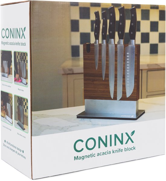 Coninx Vertico Messenblok Magnetisch - Messenmagneet met messenslijper - RVS Voet - Magneet Tweezijdig - Messenblok zonder messen - RVS / Acaciahout