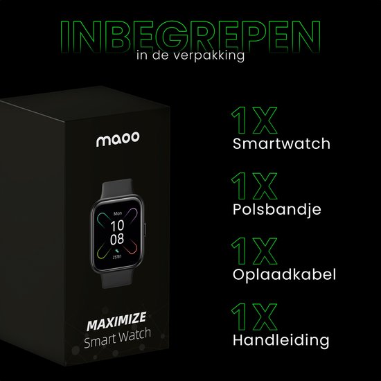 Maoo Maximize Smartwatch – Volledige Belfunctie, Hartslagmeter, Stappenteller, Multisport – Android & iOS – Zwart