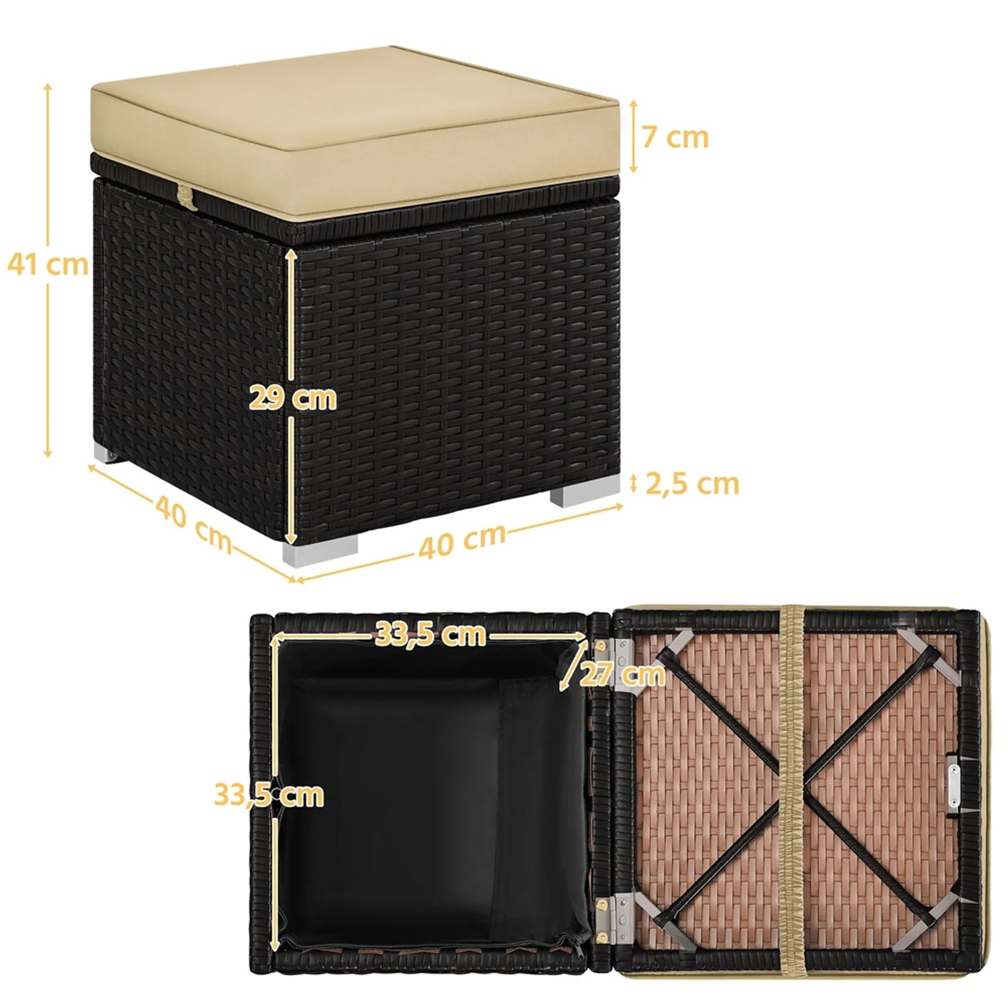 Yaheetech Kruk Met Opbergruimte 2 Stuks – Voorzien Van Verborgen Compartiment En Waterafstotend Rotanvlechtwerk En Gepoedercoat Metalen Frame – Voor Tuin Balkon En Woonkamer – Bruin Khaki Polyethyleen En Metaal – 40 x 40 x 42,5 cm