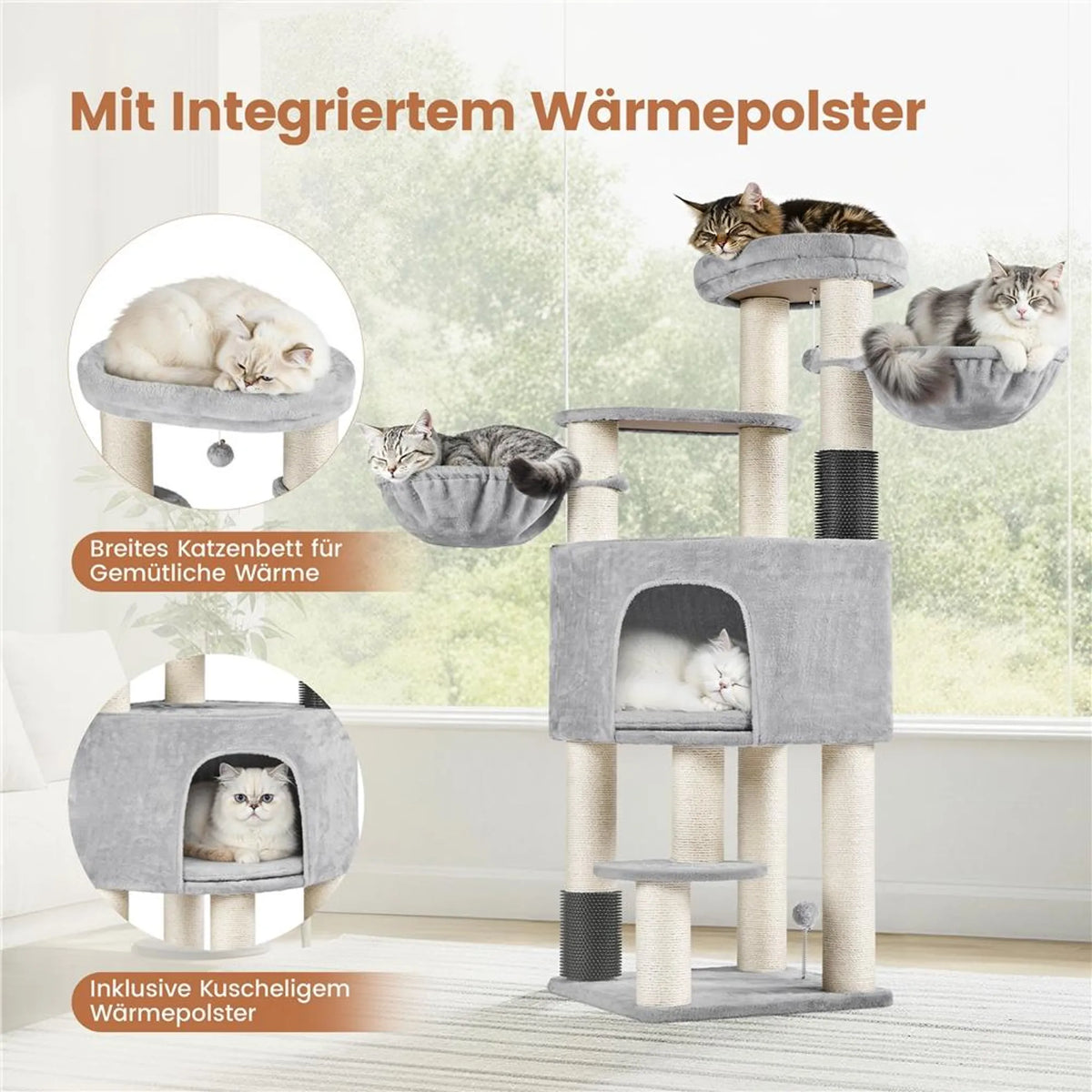 Yaheetech Krabpaal 160 cm H - ⌀11 cm Sisalstammen, Platforms & Kattenholen - Lichtgrijs & Beige