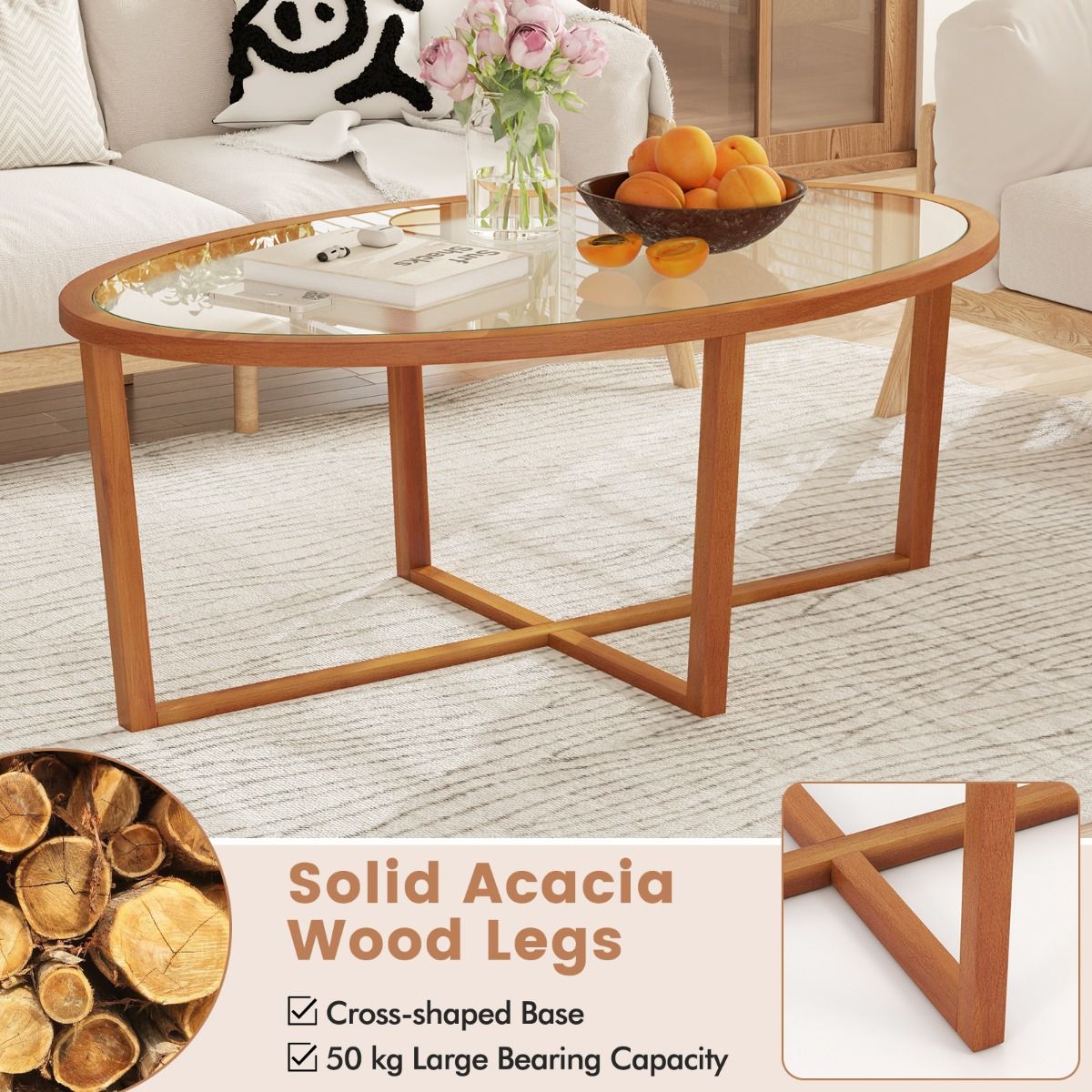 Coast salontafel - ovaal gehard glas - kruisvoet acaciahout - bruin - 118 x 71,5 x 47,5 cm