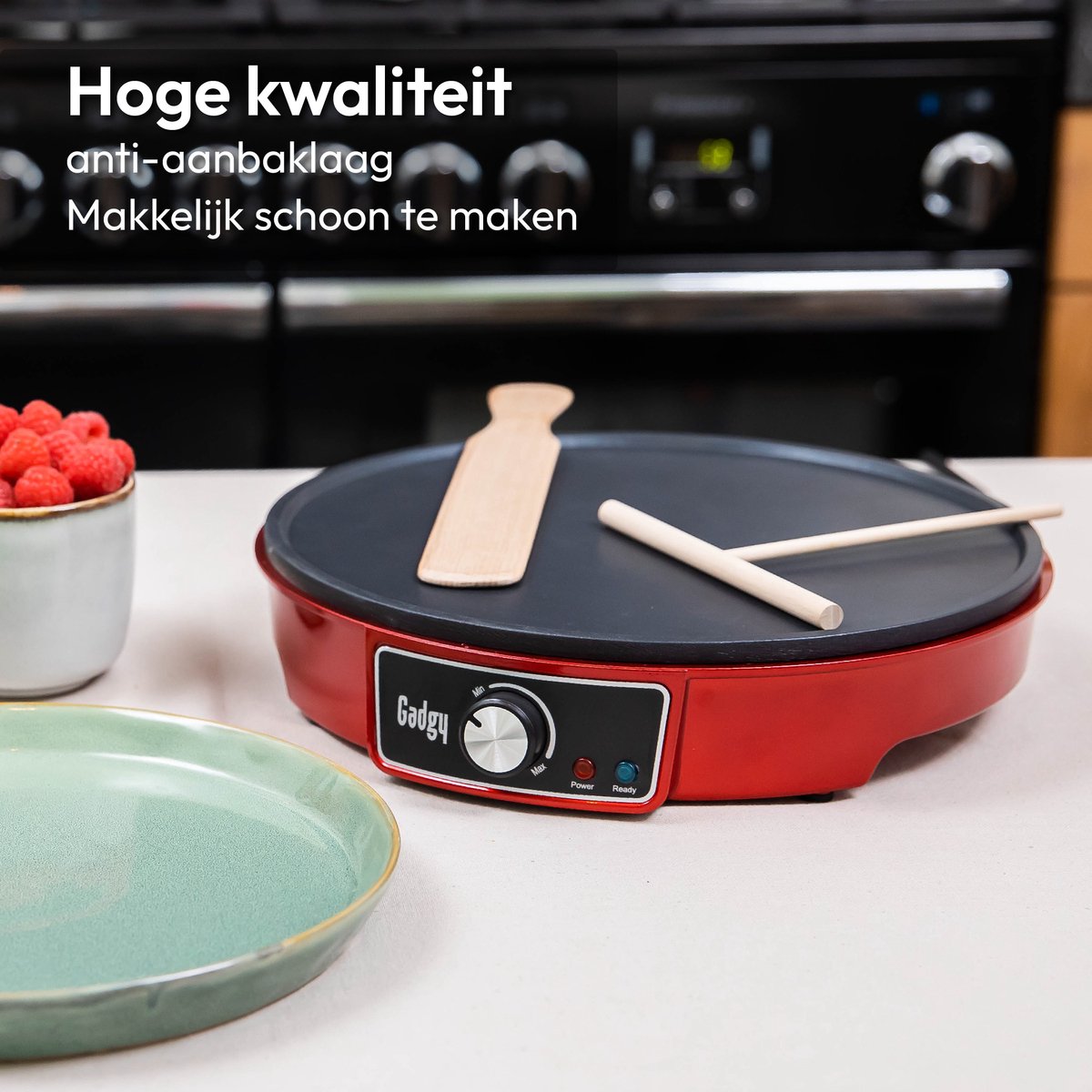 Gadgy Pannenkoekenmaker -  Ø30CM Crêpe Maker  - 1000W met Regelbare Thermostaat - Incl. Spatel en Deegverdeler -  Rood