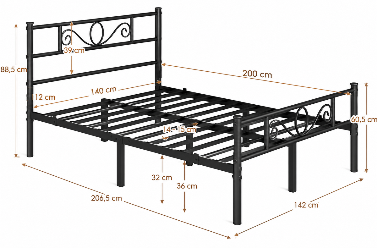 Yaheetech Metalen Bedframe 140 x 200 cm - Zwart - Modern Hoofdbord - Extra Opbergruimte